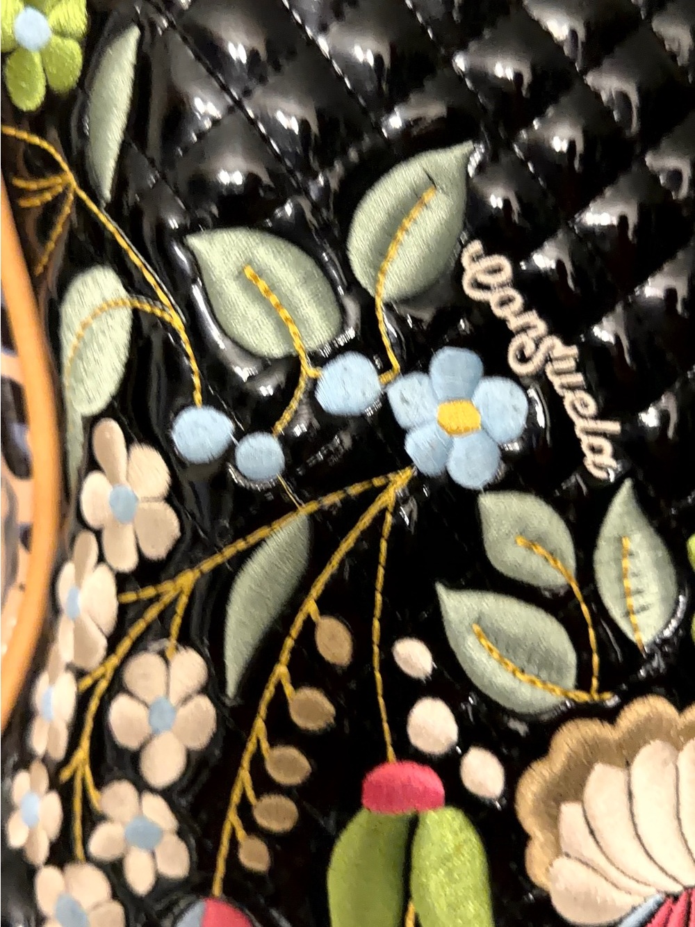 Consuela Black Quilted Floral Embroidered Tote with Tan Handles 14 inches tall - Picture 3 of 11